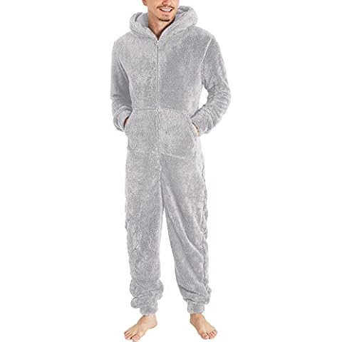 KBOPLEMQ Sleepwear Men's Lovers Warm Fleece Jumpsuit with Hood and Drawstring Onesie Plain Leisure Suit Soft Full Body Suit Carnival Costume, gray, L Cover