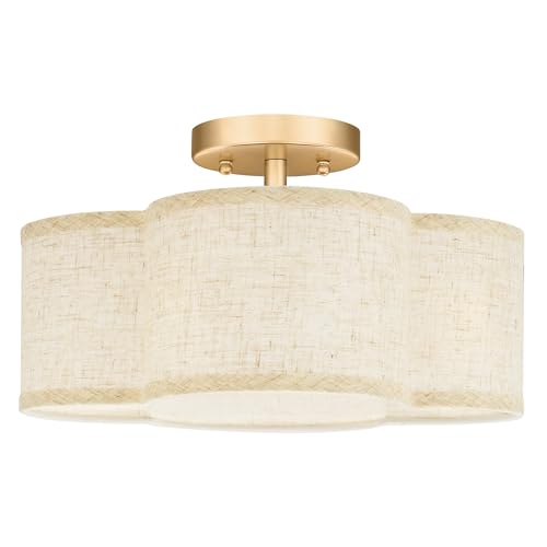 Image of Gold Semi Flush Mount Ceiling Lights, 4-Light 14 inch Gold Light Fixtures Ceiling Mount with Fabric Shade in Quatrefoil Shape, Drum lighting fixture for Nursery Bedroom Kitchen, AD-22007-4SF-GD-B