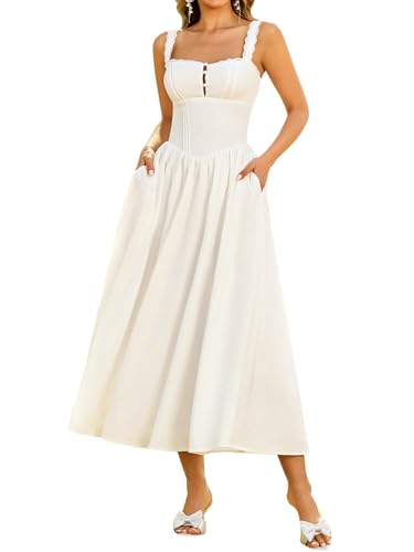 KUTUMAI Women Summer Lace Square Neck Midi Dress Corset Smocked Flowy A Line Beach Wedding Guest Dresses with Pockets