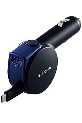 エレコム カーチャージャー シガーソケット 最大35W (20W+15W) USB-C×1ポート USB-Cケーブル 巻き取り式 リール式 90cm 12V/24V対応 【iPhone、Android等対応】 ブラック MPA-CCCPD02BK