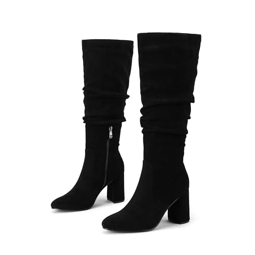 Eteridrey Black Knee High Boots Womens Wide Calf Suede Tall Booties Pointed Toe Slouchy Fall Dress Shoes