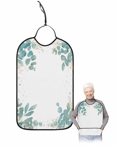LEOKOTI Teal Botanical Adult Bibs for Eating, Waterproof Bibs with Food Catcher & Snap Closure, Eucalyptus Leaves Modern Abstract Art Yellow Washable Clothing Protectors Adult Bibs for Elderly
