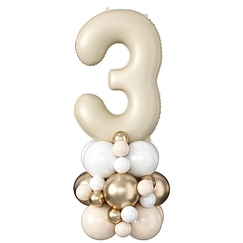Image of 40 Inch Cream Number 3 Balloon for 3rd Birthday Decoration Beige White Sand Number Three Foil Balloon Tower Giant Large Nude Neutral Digit Helium Balloons Stack for Girls Third Anniversary Party