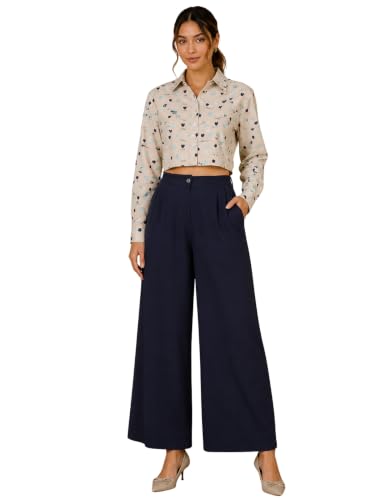Image of FYLTR Women's Stretchable High Waist Wide-Leg Front Pleated Formal Trouser