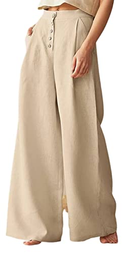 loveimgs Women's Casual Cotton Linen Button Front High Waist Wide Leg Long Palazzo Pants Trousers with Pockets