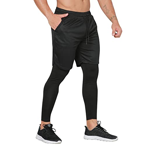 Shorts De Sport 2 en 1 pour Hommes Jogging Fitness Gym Pantalons de Survetement, MMA Exercise Bodybuilding Leggings a Sechage Rapide 13014 (XXL, 050black) Cover