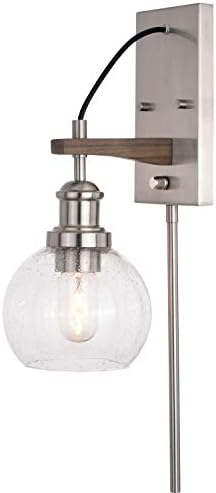 Avondale 6-in Satin Nickel and Wood Farmhouse Plug in Wall Sconce Reading Light, Clear Seed Glass Globe, On/Off Switch