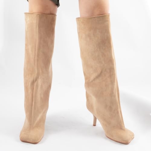 Image of DOBOYG Knee High Suede Boots for Women Wide Calf Square Toe Tall Boots | Stiletto High Heels Pull On Fashion Long Booties