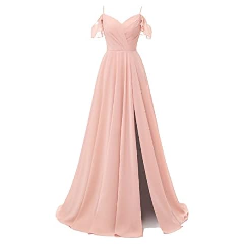 Rmaytiked Spaghetti Straps Bridesmaid Dresses for Women Long Chiffon Wedding Guest Dresses Formal Evening Dresses with Slit Blush Cover