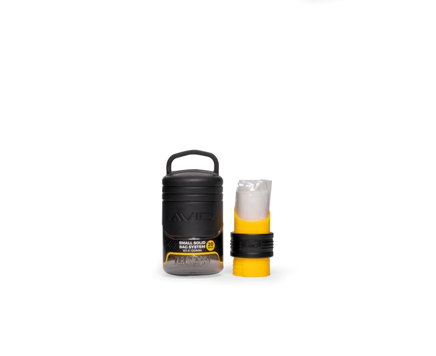 Avid Carp Transfer Solid Bag System Small Loaded | Carp Fishing PVA Bag Kit | Keeps PVA Dry and Organised | Bait Scoop Lid | Loading Tool | Locking Collar | 20 Small Solid PVA Bags | Code A0640084