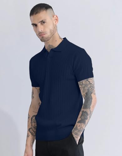 Image of Veirdo Men's Casual Ribbed Polo Collar Knit T-Shirt | Regular Fit Half Sleeve Polo for Men | Flat Knit Textured T-Shirt Perfect for Office, Party, Travel