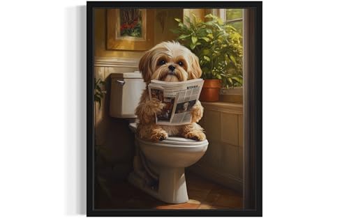 Image of Shih Tzu on Toilet Black Framed Wall Art Print Poster, Dog Bathroom Humor Decor Posters Prints for Restroom Home Picture Painting Artwork Gallery 7 (Shih Tzu, 10 inchL x 8 inchW, Black Frame)