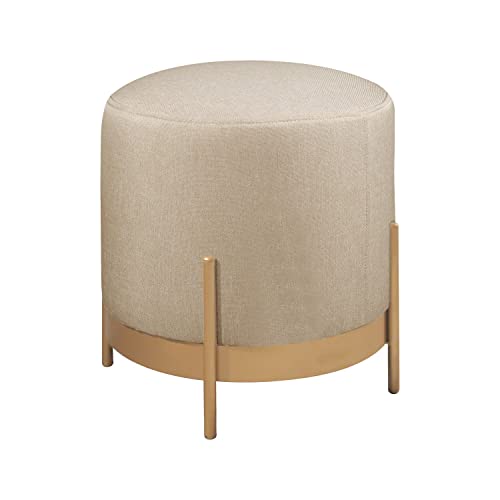 Puff Redondo Ágar em Linho e Base Metal Dourado Agarb Decor Cor:Linho Bege Claro