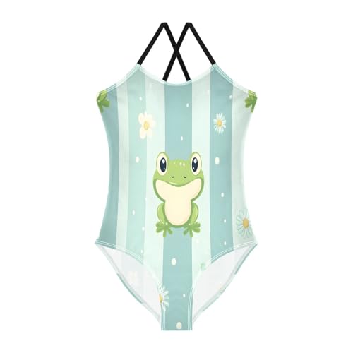 Cute Frog Stripe Teal Kids Swim Suit, Beach Apparel 3-10 Y with Adjustable Shoulder Strap, 3-10 Y