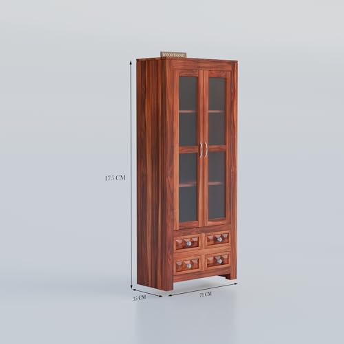 Image of Wood Book Shelf with Glass Door, Wooden Bookshelf for Home Library, Kitchen Crockery Cabinet, Study Room Furniture, Books Rack, Book Stand, BookCases, Bookshelves (Natural Finish)