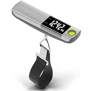 TRAVELY Premium kofferweegschaal van geborsteld roestvrij staal tot 50 kg, bagageweegschaal met praktisch meetlint en geïntegreerde waterpas voor nauwkeurige metingen. Gewicht digitale weegschaal met