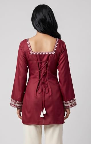 Image of MAHIRA'S Comfort Women's Short Kurti, Rayon Tunic Top with 3 /4 Embroidered Designer Sleeves | Soft Breathable Fabric | Office & Casual Kurti for Jeans, Leggings & Trousers