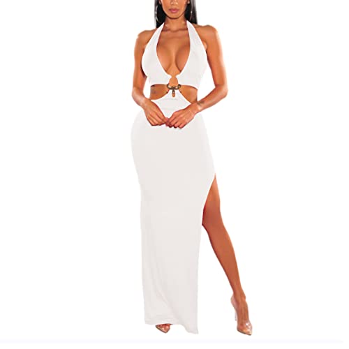 LuFeng Damen Sexy Ärmellos Neckholder V Ausschnitt Seitliche Taille Ausschnitt Rückenfrei Bodycon Hoher Schlitz Maxi Langes Kleid, Weiß, Klein