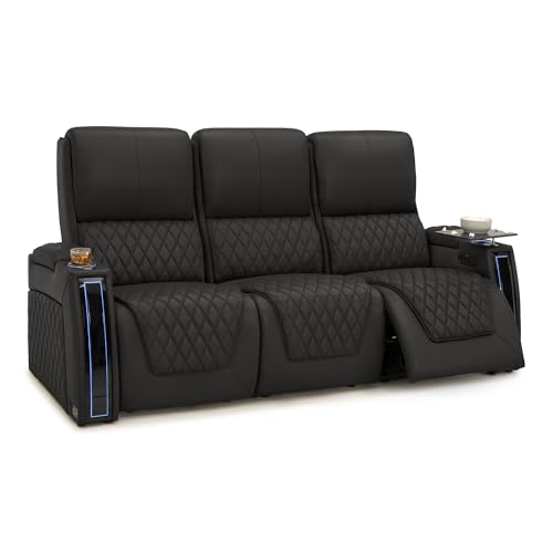 Image of Seatcraft Apex Black Italian Leather Home Theater Seating, Zero Gravity Power Recliner, Powered Headrest and Lumbar Gaming and Home Office Chair, Lounge Sofa Furniture for Cinema Room, Row of 3 Sofa