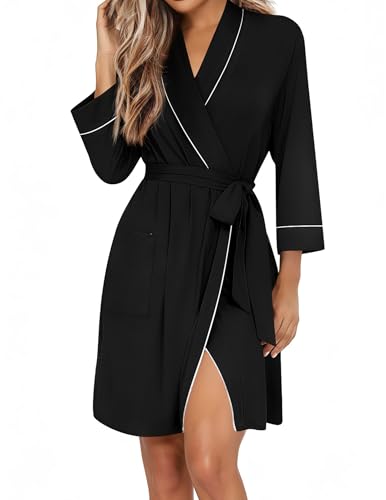 Ekouaer Women Robes Shawl Collar Bathrobe Short Kimono Robe Soft Knit Bathrobes Ladies Sleepwear with Pockets S-XXL