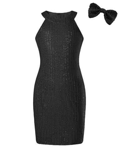EXARUS Mädchenkleid mit Neckholder, Pailletten, ärmellos,...