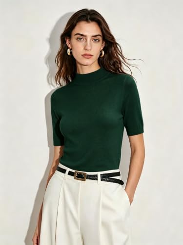 Image of Women Mock Neck Short Sleeve Knit Top All-Season Light Sweater