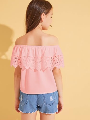 Image of WDIRARA Girl's Folklorico Shirt Off Shoulder Ruffle Trim Lace Blouse Tops | Short Sleeve, Mexican Blouse, Dressy Peasant Tee, Casual