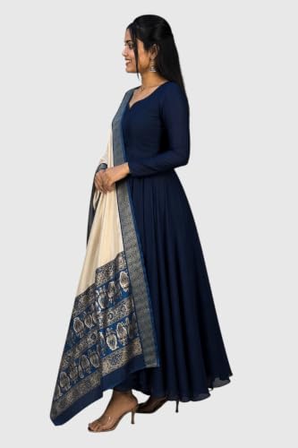 Image of Women's Ethnic Anarkali Kurta Set | Premium Vichitra Silk Gown with Printed Mayura Silk Kalamkari Dupatta Brown