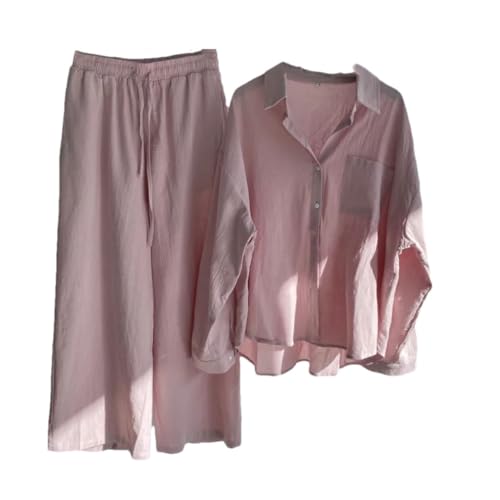 Women Cotton Linen Two Piece Set Women Casual Long Sleeve Shirt Wide Leg Pants Outfits