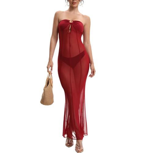 Image of Sexy Sheer Mesh Dresses for Women See Through Maxi Dress Strapless Tube Top Night Party