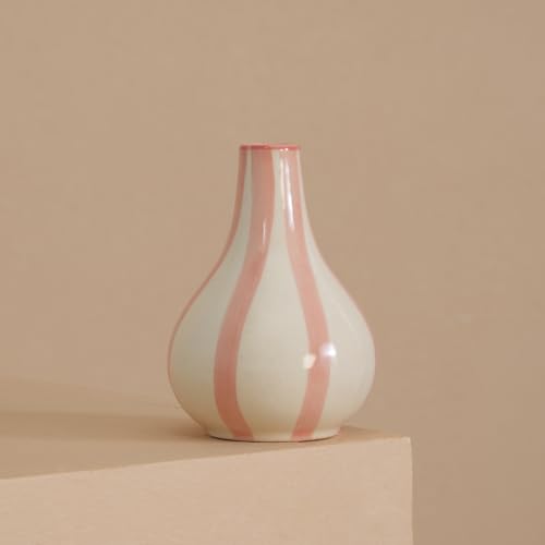 Image of PUREZENTO Pink & White Striped 'Tulip Bud' Ceramic Vase 6 Inch (Pack of 1) | Unique Modern Bud Vase for Dried Flowers & Pampas Grass | Vases for Modern Home Decor, Living Room & Office Decor Ideas