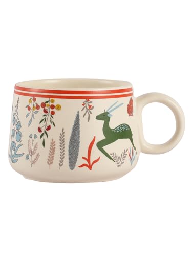 Image of miah decor Ceramic Tea Cups Set of 6 - Cream Red | Handcrafted Stoneware Matte Deer & Floral Finish | Microwave & Dishwasher Safe Coffee Cups & Mugs for Home, Office & Gifting - Every Occasion |180ml