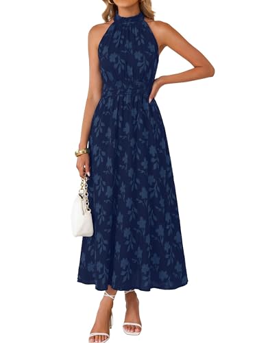 Image of Simplee Womens Summer Halter Maxi Dress Boho Floral Wedding Guest Dress Flowy Sleeveless Long Sundresses with Pockets