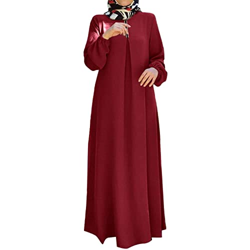 Kleid Rot Damen Langarm Frauen Bohemian Polka Dot Print muslimisches Kleid mit Langen Ärmeln islamische Gebetskleidung Batik Kleid Damen (Red, XXXXL)
