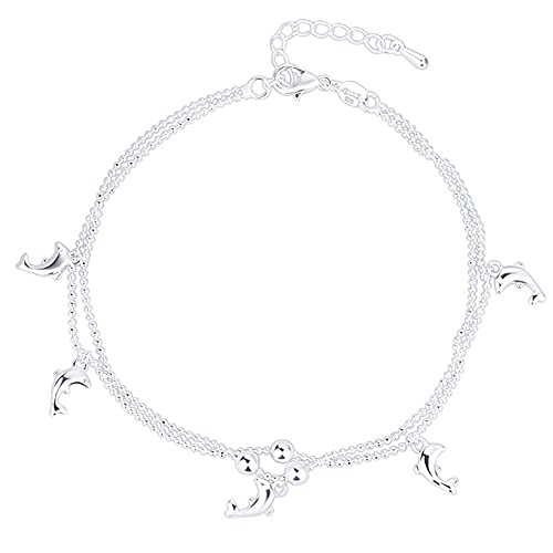 Runsmooth 925 Sterling Silver Ladies Anklet Bracelet, Pendant Anklet Adjustable Cute Dolphin Beach Anklet Girl Jewelry 25 cm