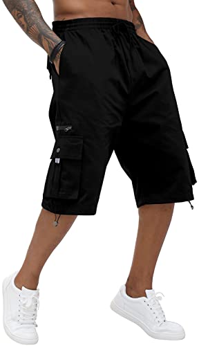 Mens Cargo Long Shorts Cotton Elastic Waist Capri Knee Length Pants Multi Pockets Casual Baggy Combat Trousers Black, 4XL