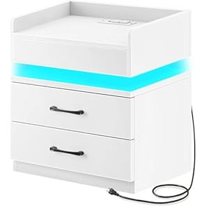 White Nightstand with Charging Station, LED NightStand, Modern Night Stand for Bedroom, Night Stand with 2 Drawers, Bedside Table with Storage for Bedroom