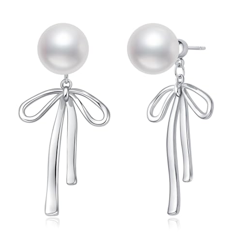 Small Gold Silver Pearl Bow Earrings for Women Trendy 925 Sterling Silver Post Dainty 14k Gold Plated Bow Dangle Earrings for Women