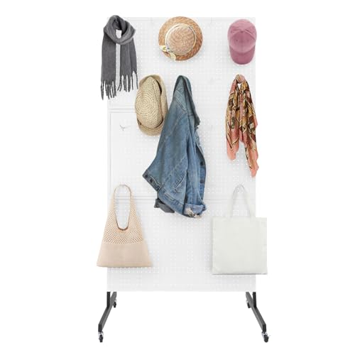 Bacocoo Three Fold Nail Board Display Rack with Wheels, White Metal Peg Board Display Stand,Pegboard Display with 20 pieces Hooks for Dividing Spaces or Decorating Study Rooms, Home Kitchens, Offices.