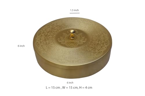 Image of Pure Brass Small Masala Box (6 Inch) with Lotus Design, Handcrafted Spice Box with 7 Containers & Spoon, Mukhwas Box, Kitchen Storage, Round Brass Masala Dani, Diwali & Housewarming Gift
