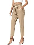 GRACE KARIN Women's Pants Cropped Paper Bag Waist Pants with Pockets Light Tan Size M