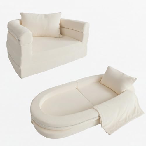 Wonder Space Vor-montiertes Kinder Schaumsofa mit Decke & Kissen, Kleinkind 3-in-1 Konvertierbares Sofa, Innen Zusammenklappbarer Lounger Stuhl & Klappbares Bodenbett für Jungen & Mädchen (Elfenbein)