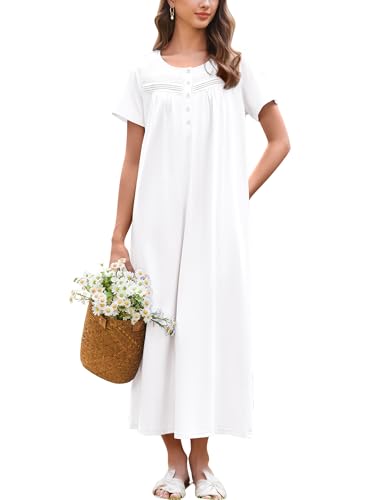 Ekouaer Nightgown for Women Cotton Long Night Gown Short Sleeve Nightdress with Pockets Button Sleepshirt Soft Sleepwear
