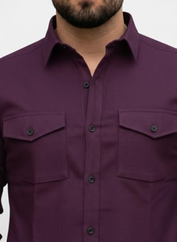 Image of DEELMO Men's Classic Cotton Blend Slim Fit Shirt || Full Sleeve Button-Down Casual Shirt with Dual Flap Pockets || Soft Breathable Fabric || Ideal for Office Party and Everyday Wear