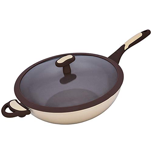 Sartén Wok -Aluminio de 24 cm Revestimiento Antiadherente Con Tapa de Vidrio Templado Apto para Cualquier Estufa Incluido Inducción, Mango de Silicona Anti Escaldado, Marrón