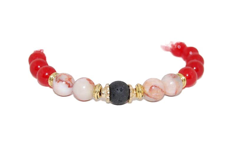 Bracelet agate rouge et blanche avec pierre de lave 8mm élastique de 18 cm unisexe