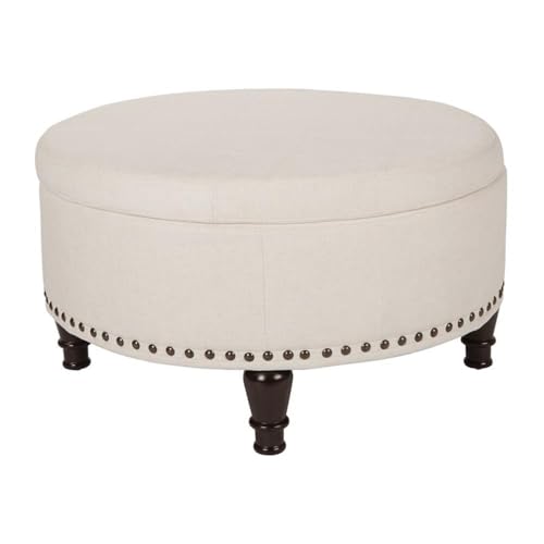 Pemberly Row Modern Round Storage Ottoman, Linen Cream Fabric, 32"x32"x18",