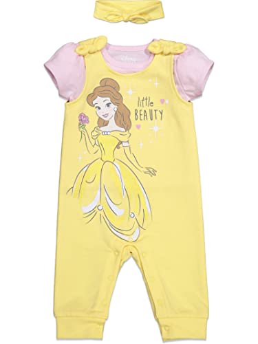 Image of Disney Princess Belle Cinderella Ariel Baby Girls Romper T-Shirt and Headband 3 Piece Outfit Set Newborn to Infant