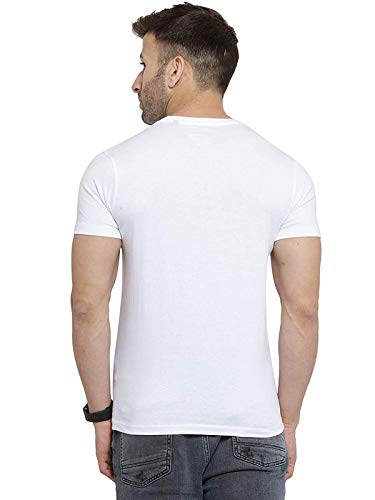 뒤쪽에 view of a man wearing a plain white BLENDD Cotton Round Neck T-shirt.