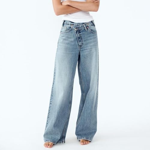 Owl's-Yard Women's Y2k Mid Rise Washed Baggy Jeans Crossover Wide Leg Loose Boyfriend Denim Pants Trousers with Pockets2